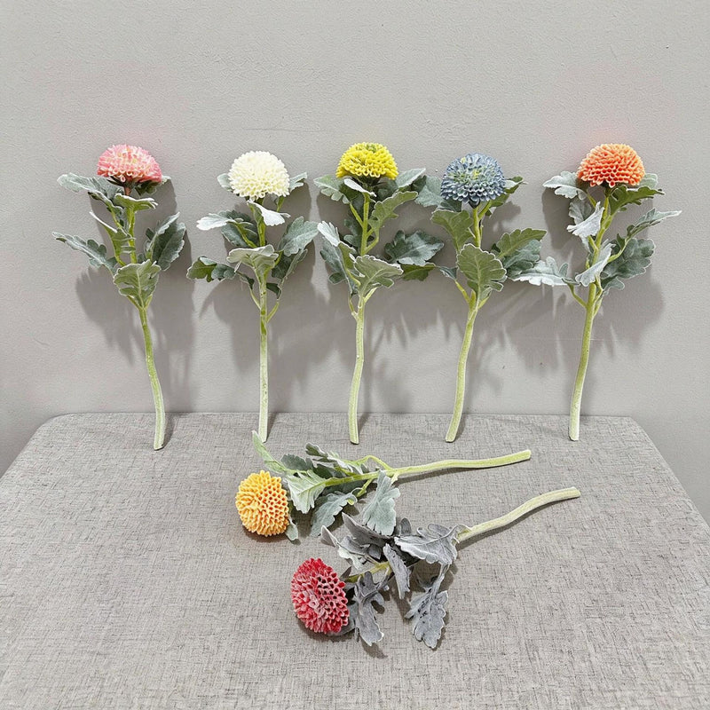 Artificial Chrysanthemum Pompon Single Stem, 14.5" Fluffy Faux Flower for Wedding Centerpieces, Home Decor, Office & Events