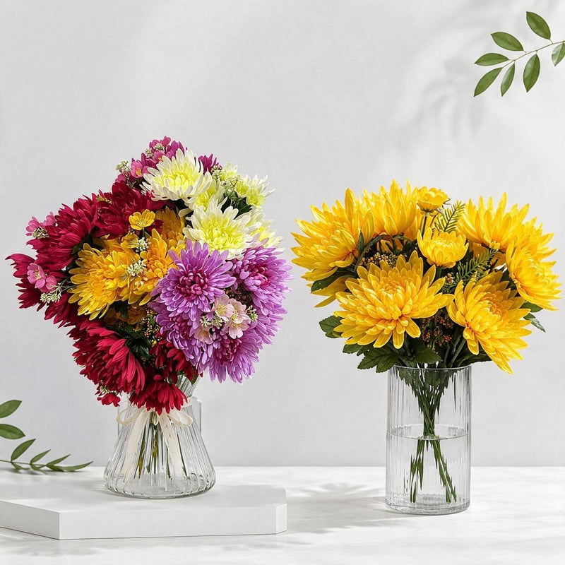 20" Artificial Chrysanthemum Bush, Realistic Silk-Like Faux Flowers for Home Decor, Weddings & Seasonal Displays