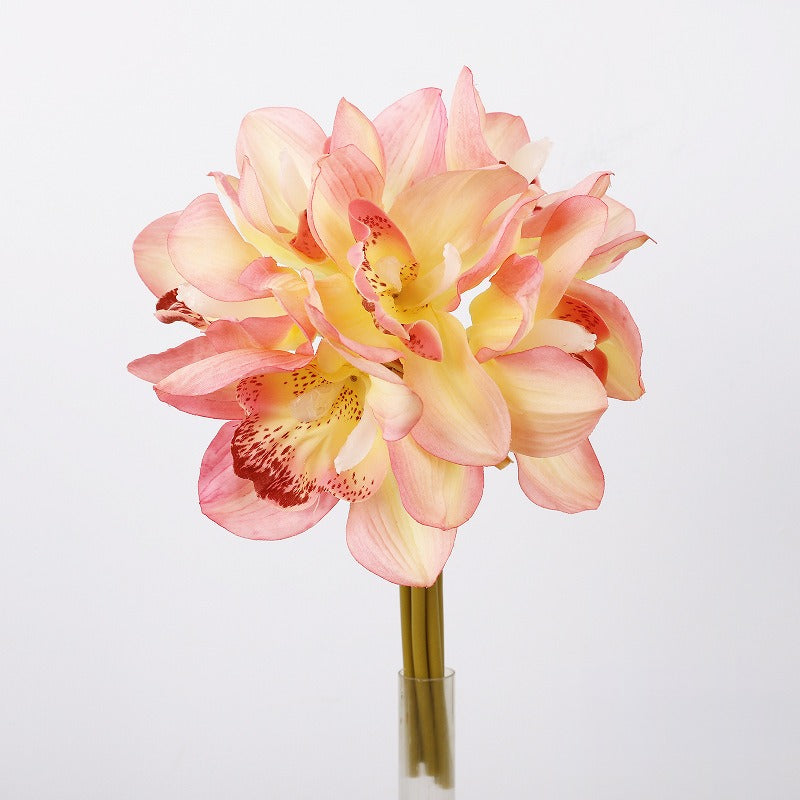 Cymbidium Orchid Bouquet, 6-Bloom Faux Flowers, Latex Real-Touch, Bendable Stems for Wedding, Vase & Home Decor