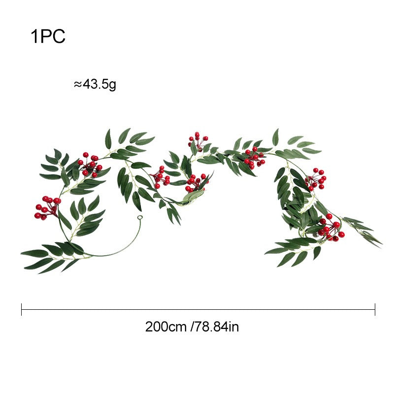 Artificial Willow Leaf Vine Garland with Red Berries, Set of 2 Trailing Vines, 79" Long, Christmas & Holiday Door Hanging Decor