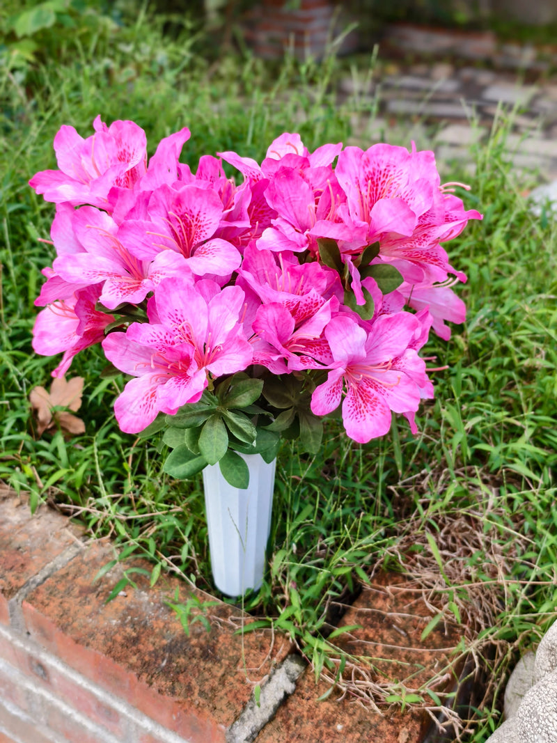 Artificial Azalea Bush with 42 Blooms, Faux Silk Memorial Flowers with Pot, Outdoor Cemetery & Remembrance Decor