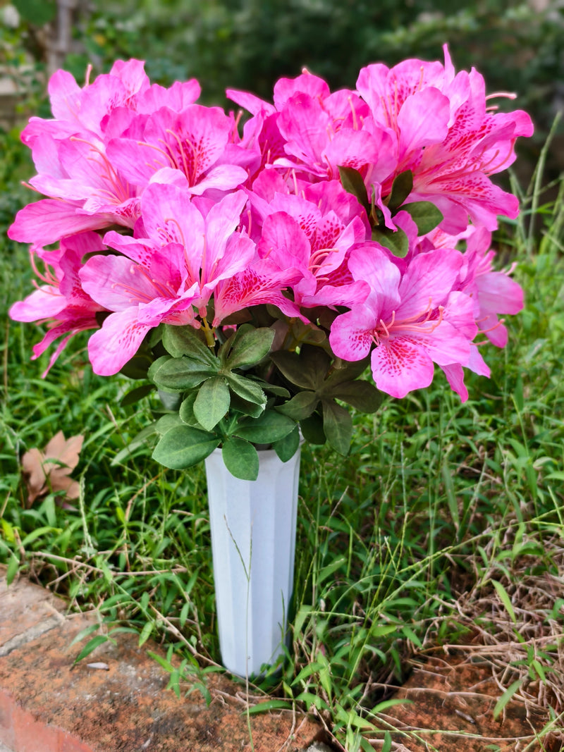 Artificial Azalea Bush with 42 Blooms, Faux Silk Memorial Flowers with Pot, Outdoor Cemetery & Remembrance Decor