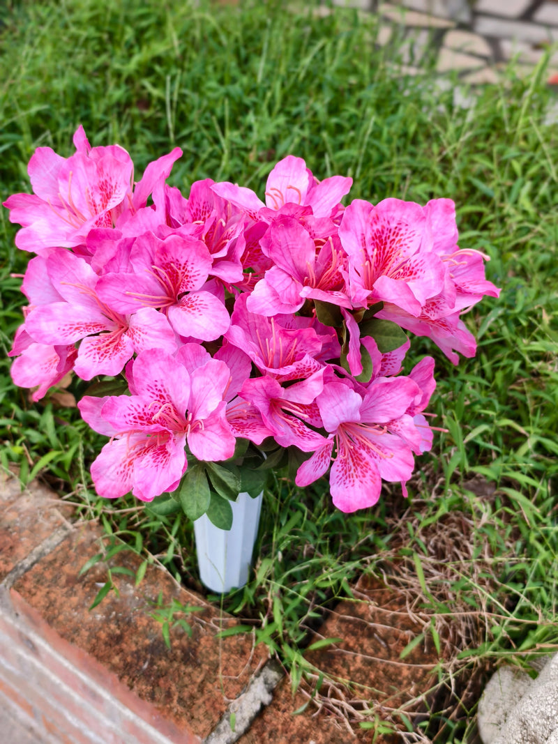 Artificial Azalea Bush with 42 Blooms, Faux Silk Memorial Flowers with Pot, Outdoor Cemetery & Remembrance Decor