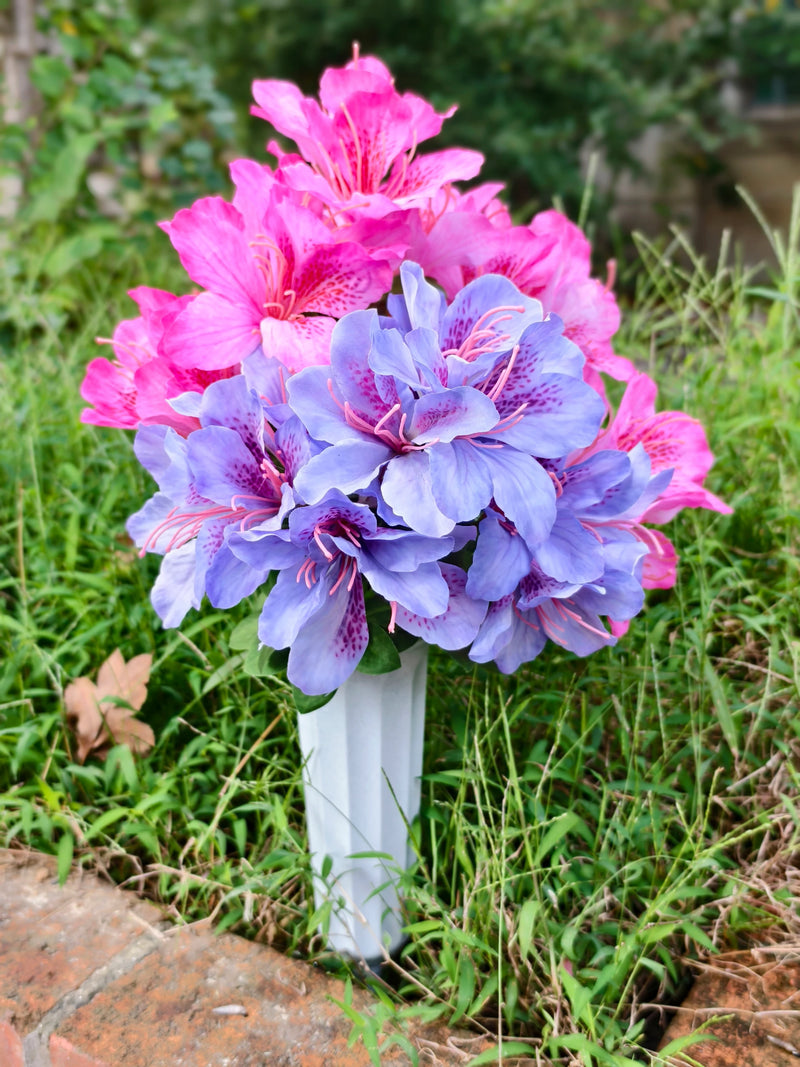 Artificial Azalea Bush with 42 Blooms, Faux Silk Memorial Flowers with Pot, Outdoor Cemetery & Remembrance Decor