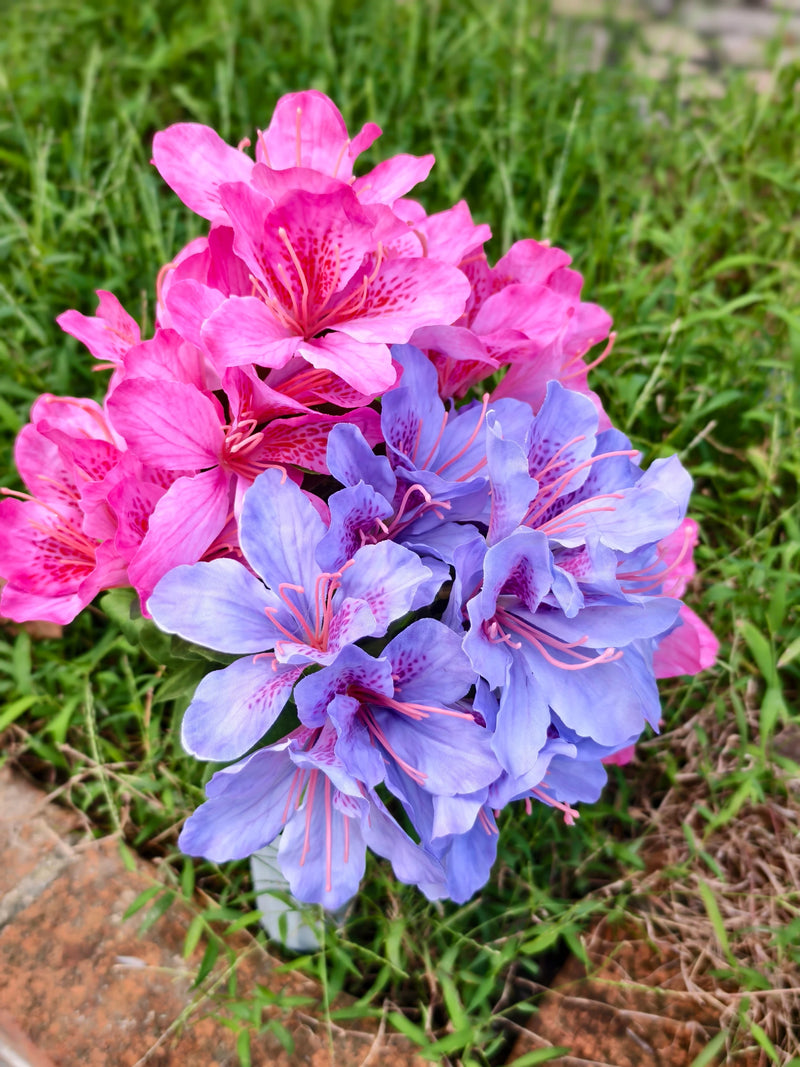 Artificial Azalea Bush with 42 Blooms, Faux Silk Memorial Flowers with Pot, Outdoor Cemetery & Remembrance Decor