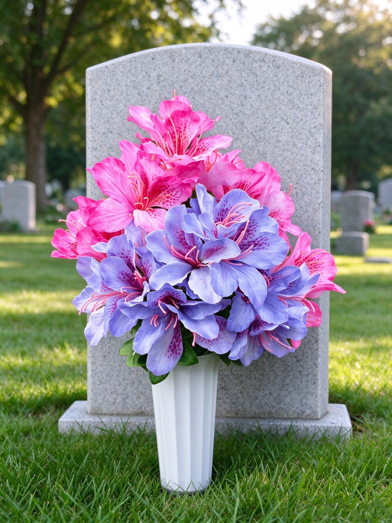 Artificial Azalea Bush with 42 Blooms, Faux Silk Memorial Flowers with Pot, Outdoor Cemetery & Remembrance Decor