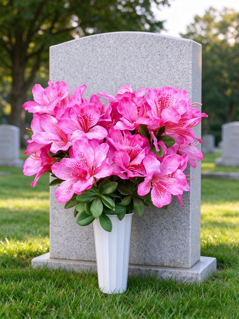Artificial Azalea Bush with 42 Blooms, Faux Silk Memorial Flowers with Pot, Outdoor Cemetery & Remembrance Decor
