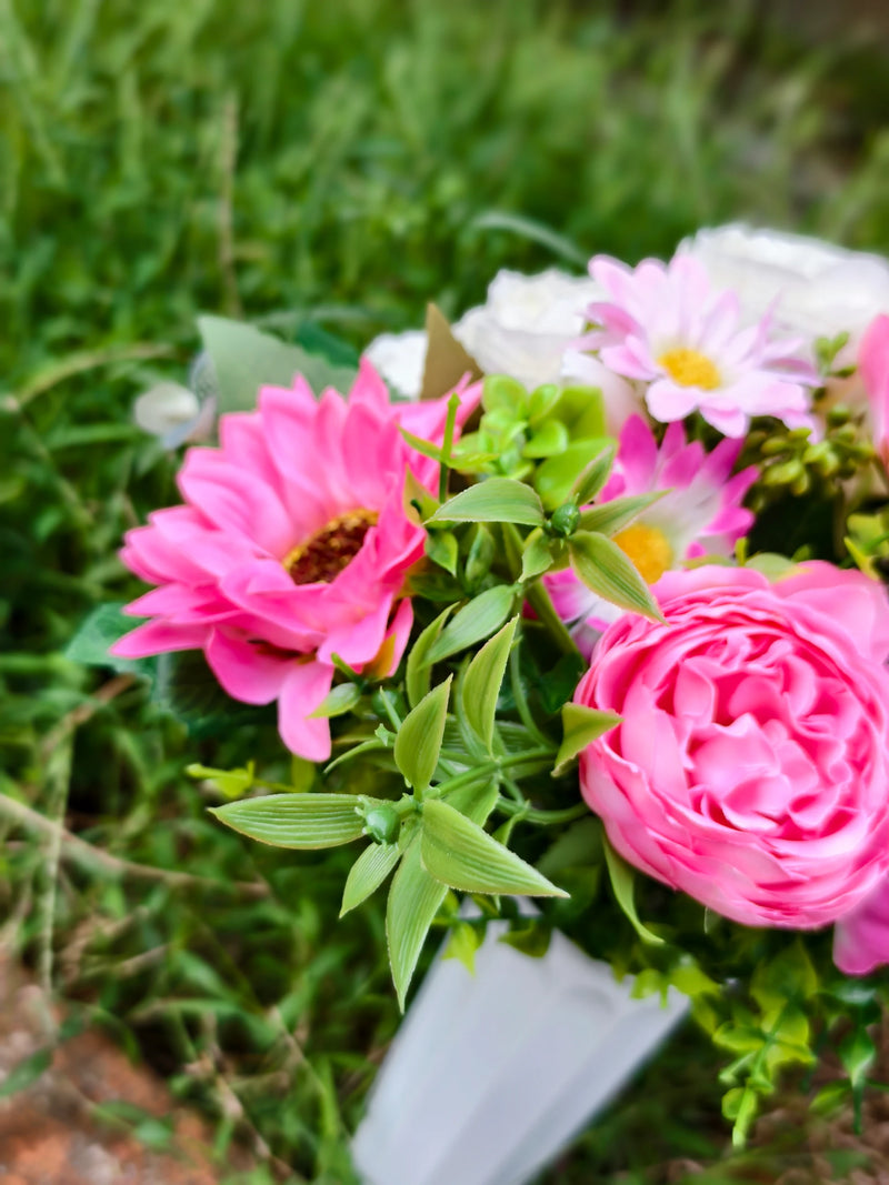 Artificial Peony, Sunflower & Eucalyptus Bush with 15 Blooms, Potted Cemetery Memorial Flowers for Outdoor Graveside