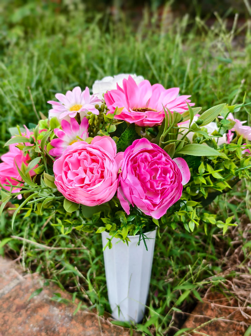 Artificial Peony, Sunflower & Eucalyptus Bush with 15 Blooms, Potted Cemetery Memorial Flowers for Outdoor Graveside