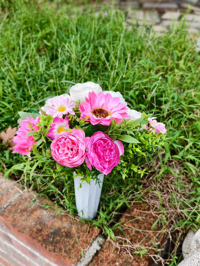 Artificial Peony, Sunflower & Eucalyptus Bush with 15 Blooms, Potted Cemetery Memorial Flowers for Outdoor Graveside