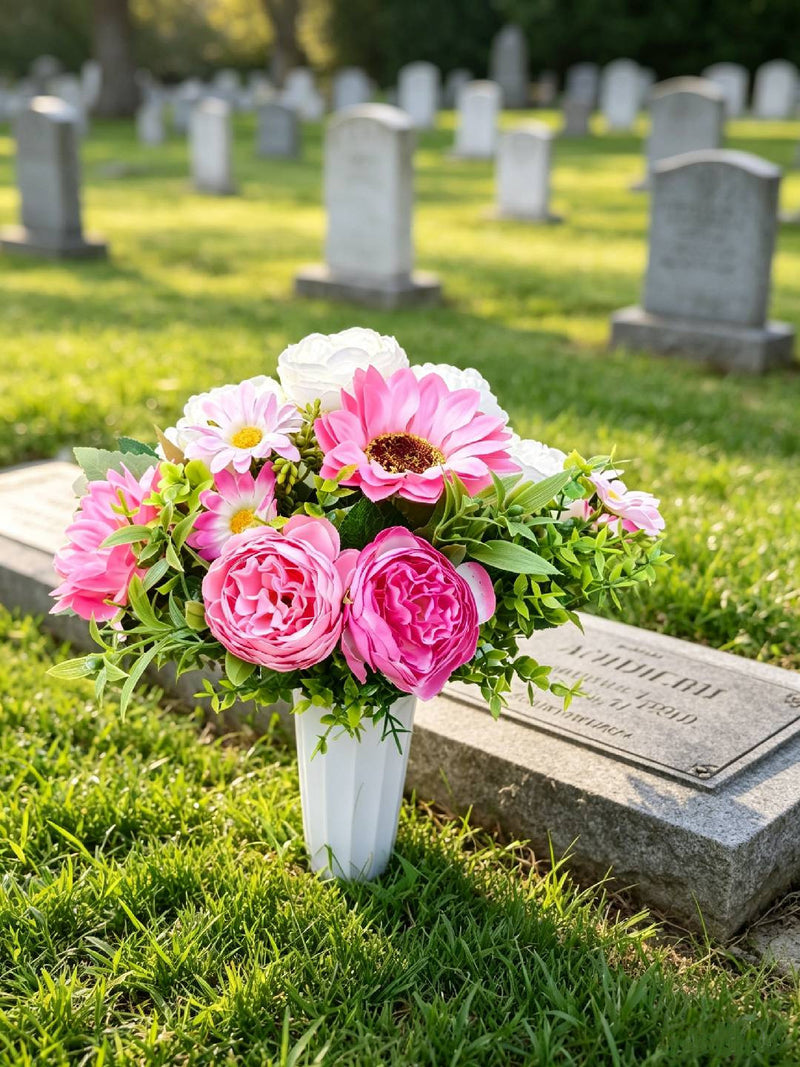 Artificial Peony, Sunflower & Eucalyptus Bush with 15 Blooms, Potted Cemetery Memorial Flowers for Outdoor Graveside