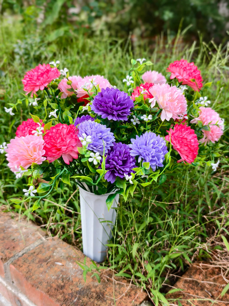 Artificial Baby's Breath Dandelion Flower Bush, 21 Blooms per Bush, Set of 4, Faux Silk with Pot, Memorial & Cemetery Decor