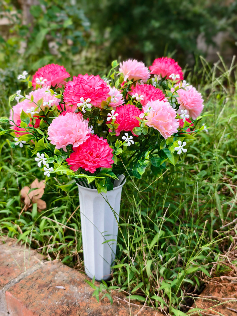 Artificial Baby's Breath Dandelion Flower Bush, 21 Blooms per Bush, Set of 4, Faux Silk with Pot, Memorial & Cemetery Decor