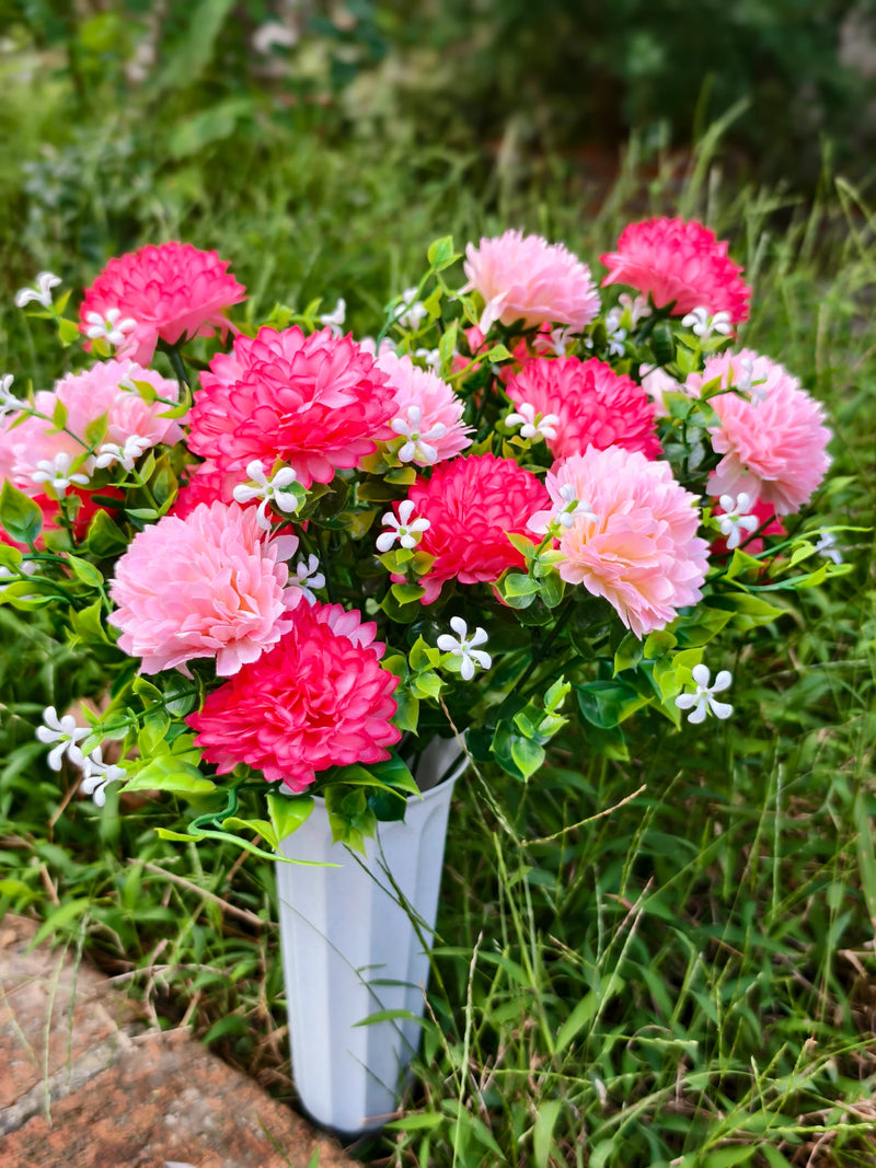 Artificial Baby's Breath Dandelion Flower Bush, 21 Blooms per Bush, Set of 4, Faux Silk with Pot, Memorial & Cemetery Decor