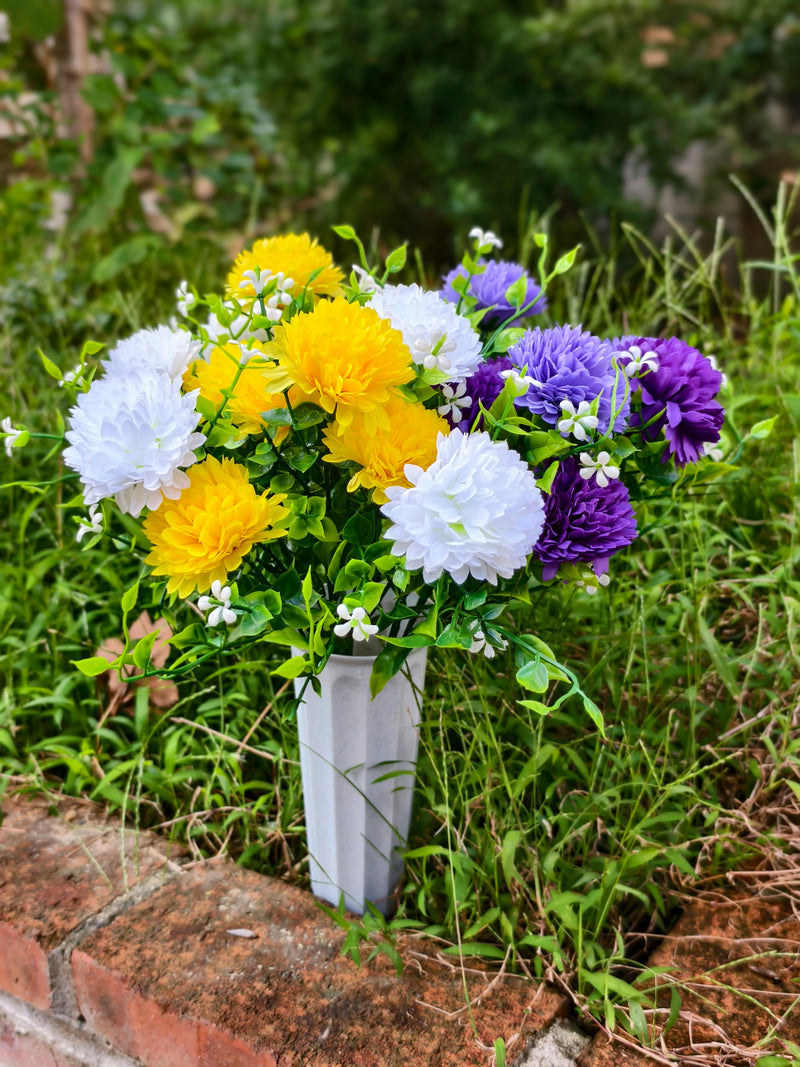 Artificial Baby's Breath Dandelion Flower Bush, 21 Blooms per Bush, Set of 4, Faux Silk with Pot, Memorial & Cemetery Decor