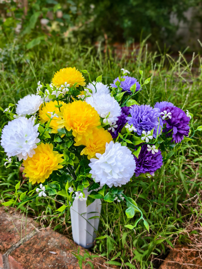 Artificial Baby's Breath Dandelion Flower Bush, 21 Blooms per Bush, Set of 4, Faux Silk with Pot, Memorial & Cemetery Decor