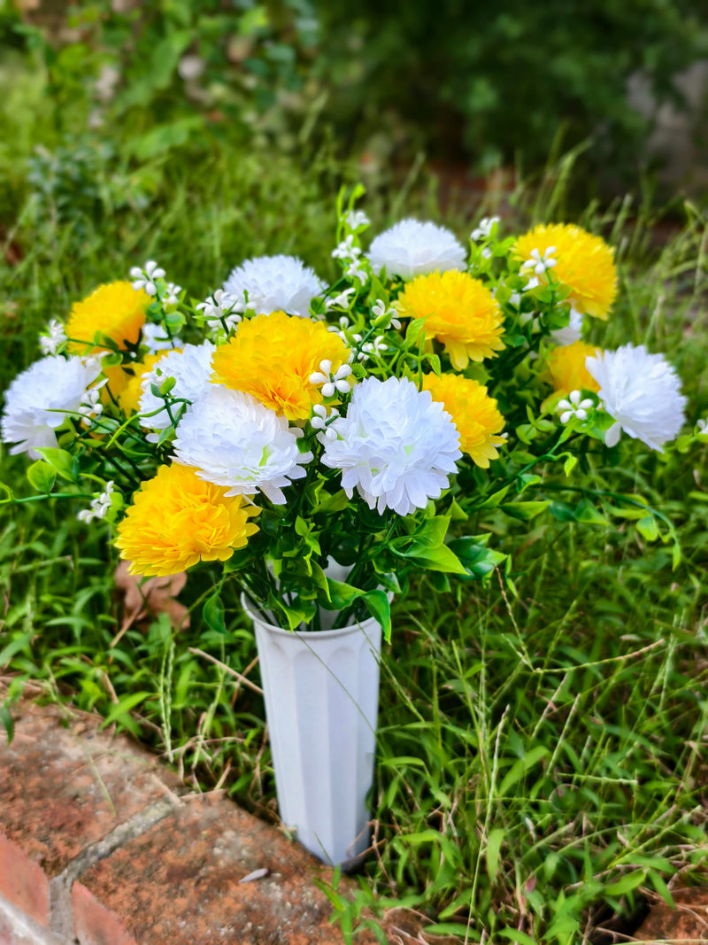 Artificial Baby's Breath Dandelion Flower Bush, 21 Blooms per Bush, Set of 4, Faux Silk with Pot, Memorial & Cemetery Decor