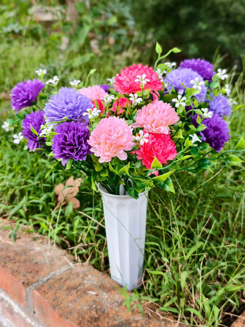 Artificial Baby's Breath Dandelion Flower Bush, 21 Blooms per Bush, Set of 4, Faux Silk with Pot, Memorial & Cemetery Decor