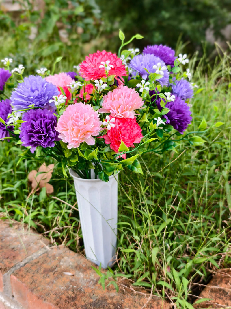 Artificial Baby's Breath Dandelion Flower Bush, 21 Blooms per Bush, Set of 4, Faux Silk with Pot, Memorial & Cemetery Decor