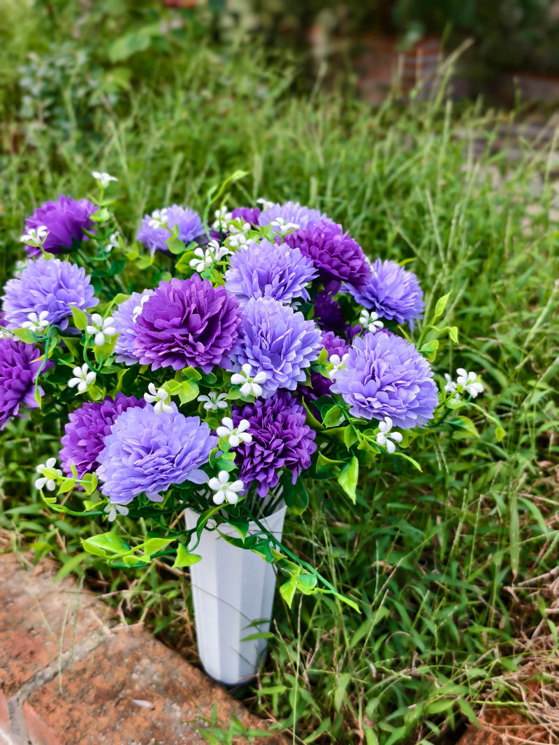 Artificial Baby's Breath Dandelion Flower Bush, 21 Blooms per Bush, Set of 4, Faux Silk with Pot, Memorial & Cemetery Decor