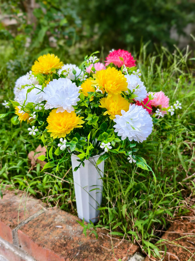 Artificial Baby's Breath Dandelion Flower Bush, 21 Blooms per Bush, Set of 4, Faux Silk with Pot, Memorial & Cemetery Decor