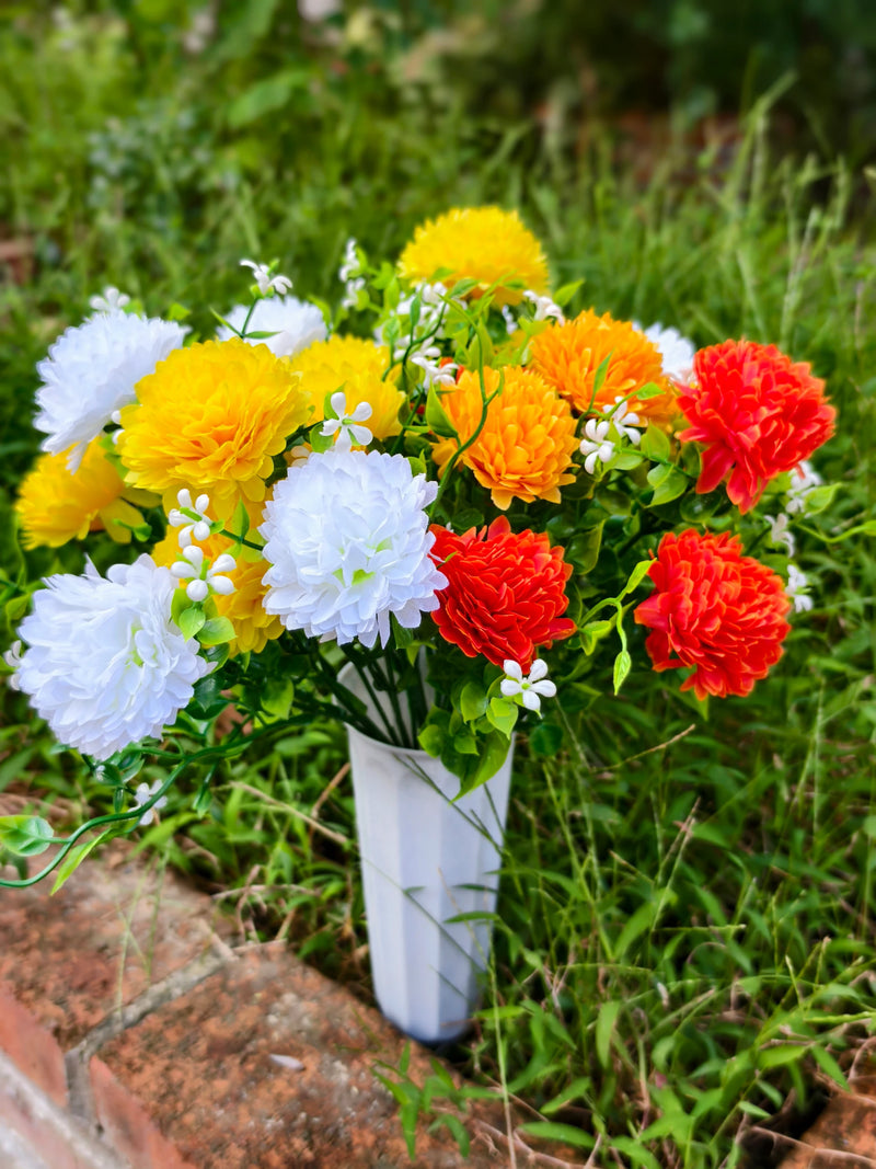 Artificial Baby's Breath Dandelion Flower Bush, 21 Blooms per Bush, Set of 4, Faux Silk with Pot, Memorial & Cemetery Decor