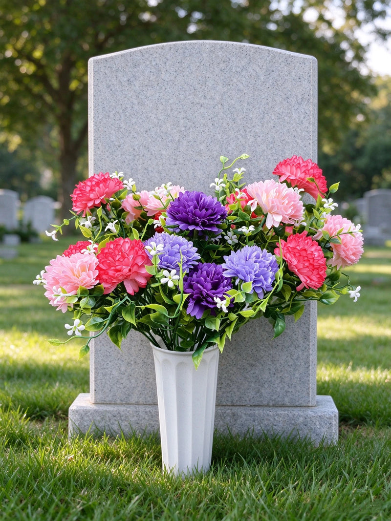 Artificial Baby's Breath Dandelion Flower Bush, 21 Blooms per Bush, Set of 4, Faux Silk with Pot, Memorial & Cemetery Decor
