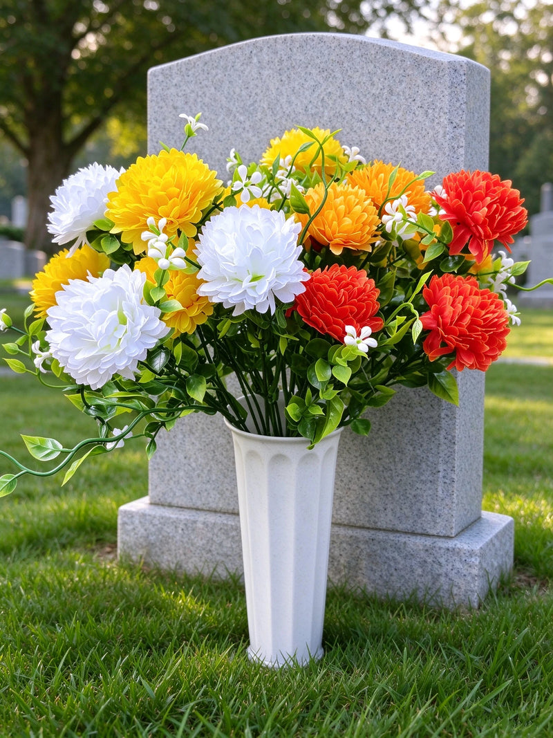 Artificial Baby's Breath Dandelion Flower Bush, 21 Blooms per Bush, Set of 4, Faux Silk with Pot, Memorial & Cemetery Decor