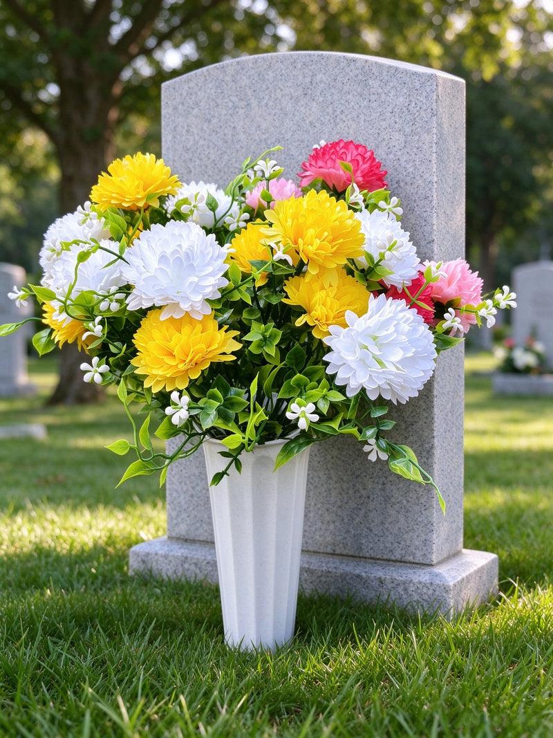 Artificial Baby's Breath Dandelion Flower Bush, 21 Blooms per Bush, Set of 4, Faux Silk with Pot, Memorial & Cemetery Decor