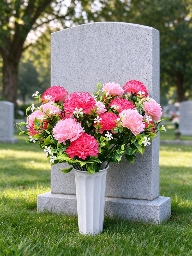 Artificial Baby's Breath Dandelion Flower Bush, 21 Blooms per Bush, Set of 4, Faux Silk with Pot, Memorial & Cemetery Decor