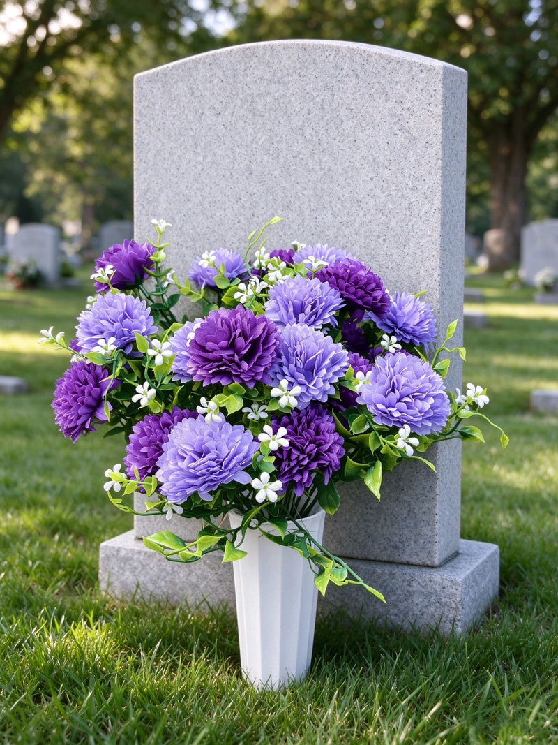 Artificial Baby's Breath Dandelion Flower Bush, 21 Blooms per Bush, Set of 4, Faux Silk with Pot, Memorial & Cemetery Decor