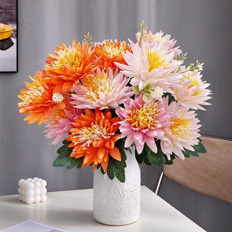 Artificial Chrysanthemum Bush with 5 Blooms, Faux Silk-Like Fabric Mum Spray, Indoor Outdoor Wedding & Home Decor