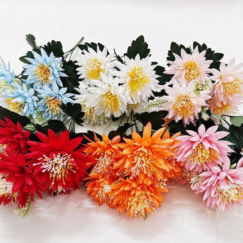 Artificial Chrysanthemum Bush with 5 Blooms, Faux Silk-Like Fabric Mum Spray, Indoor Outdoor Wedding & Home Decor
