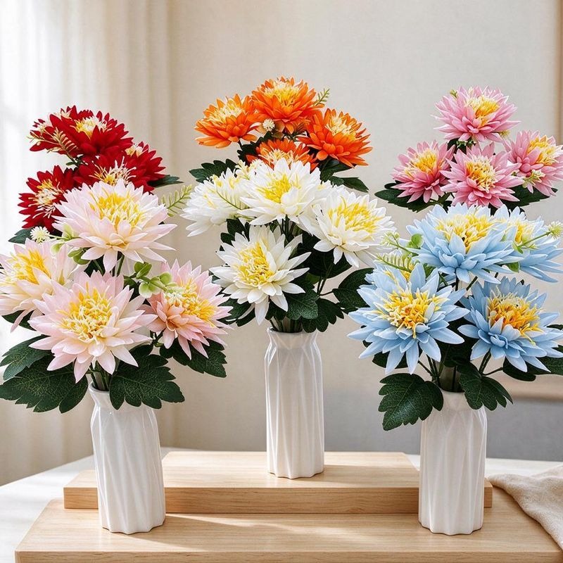 Artificial Chrysanthemum Bush with 5 Blooms, Faux Silk-Like Fabric Mum Spray, Indoor Outdoor Wedding & Home Decor
