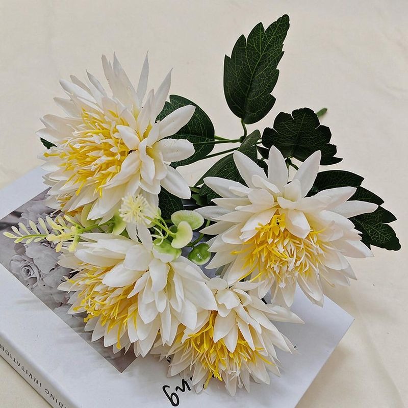 Artificial Chrysanthemum Bush with 5 Blooms, Faux Silk-Like Fabric Mum Spray, Indoor Outdoor Wedding & Home Decor