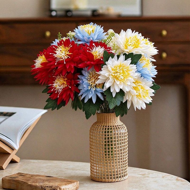 Artificial Chrysanthemum Bush with 5 Blooms, Faux Silk-Like Fabric Mum Spray, Indoor Outdoor Wedding & Home Decor