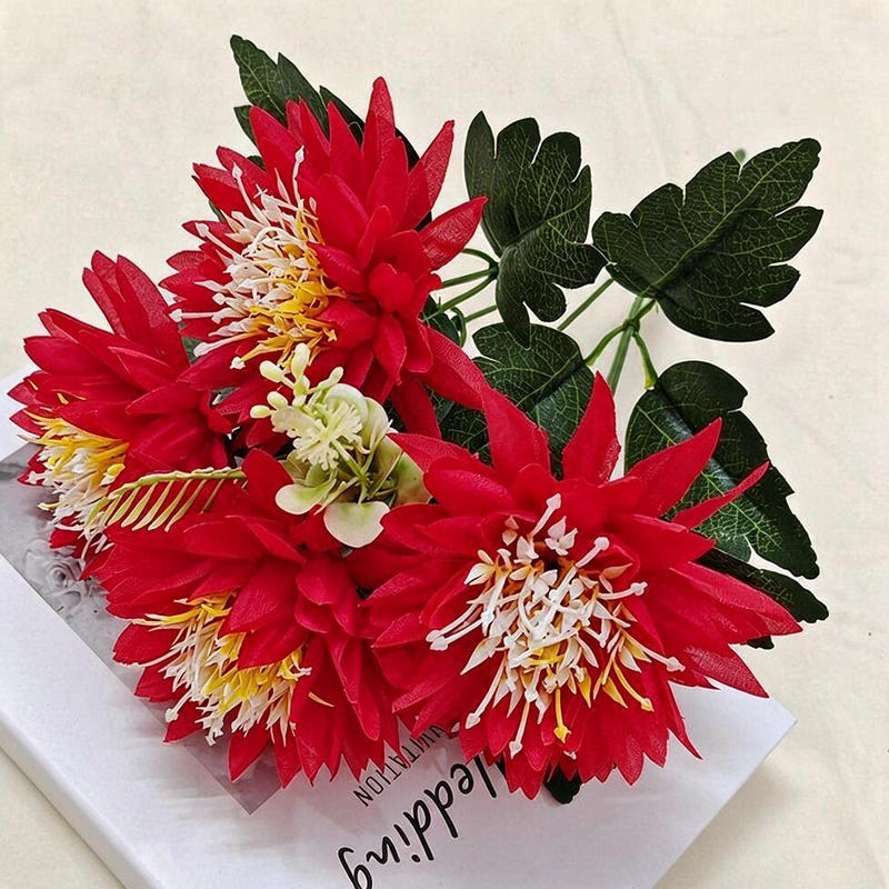 Artificial Chrysanthemum Bush with 5 Blooms, Faux Silk-Like Fabric Mum Spray, Indoor Outdoor Wedding & Home Decor