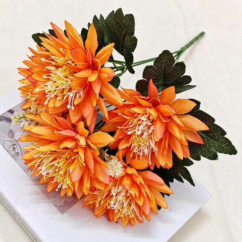 Artificial Chrysanthemum Bush with 5 Blooms, Faux Silk-Like Fabric Mum Spray, Indoor Outdoor Wedding & Home Decor