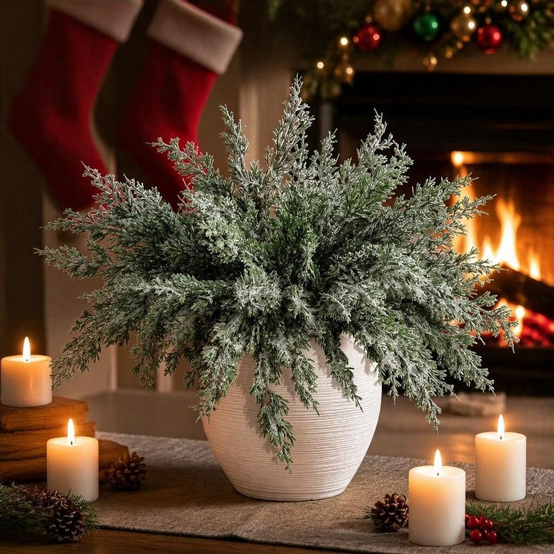 Artificial Cedar Stems, Set of 6 Frosted Flocked Pine Picks, Plastic Christmas Greenery for Wreaths, Vases and Holiday Decor