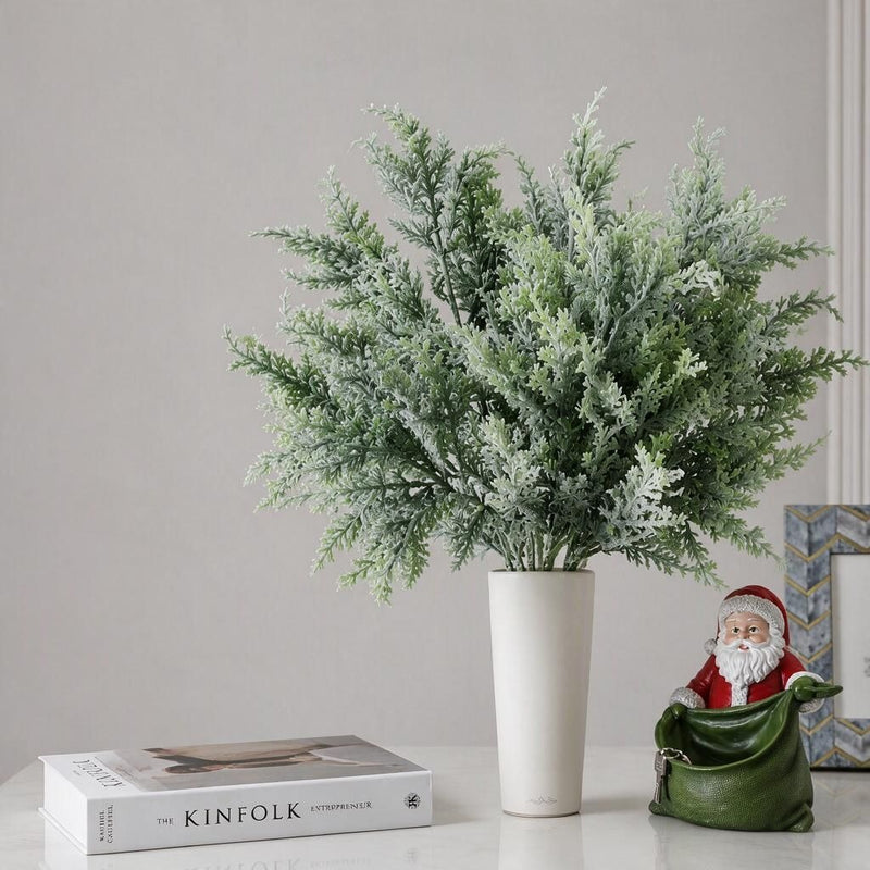 Artificial Cedar Stems, Set of 6 Frosted Flocked Pine Picks, Plastic Christmas Greenery for Wreaths, Vases and Holiday Decor