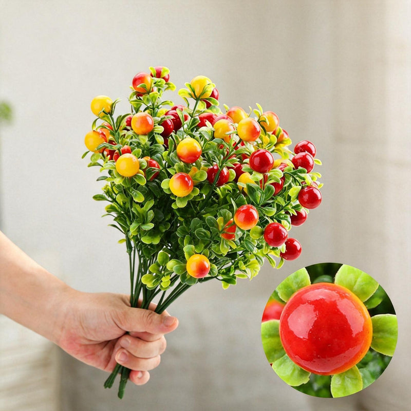Artificial Wild Berry Bush, Red & Yellow Faux Fruit Stem Pick, Mixed Material, Vase Filler for Home, Wedding & Office Decor