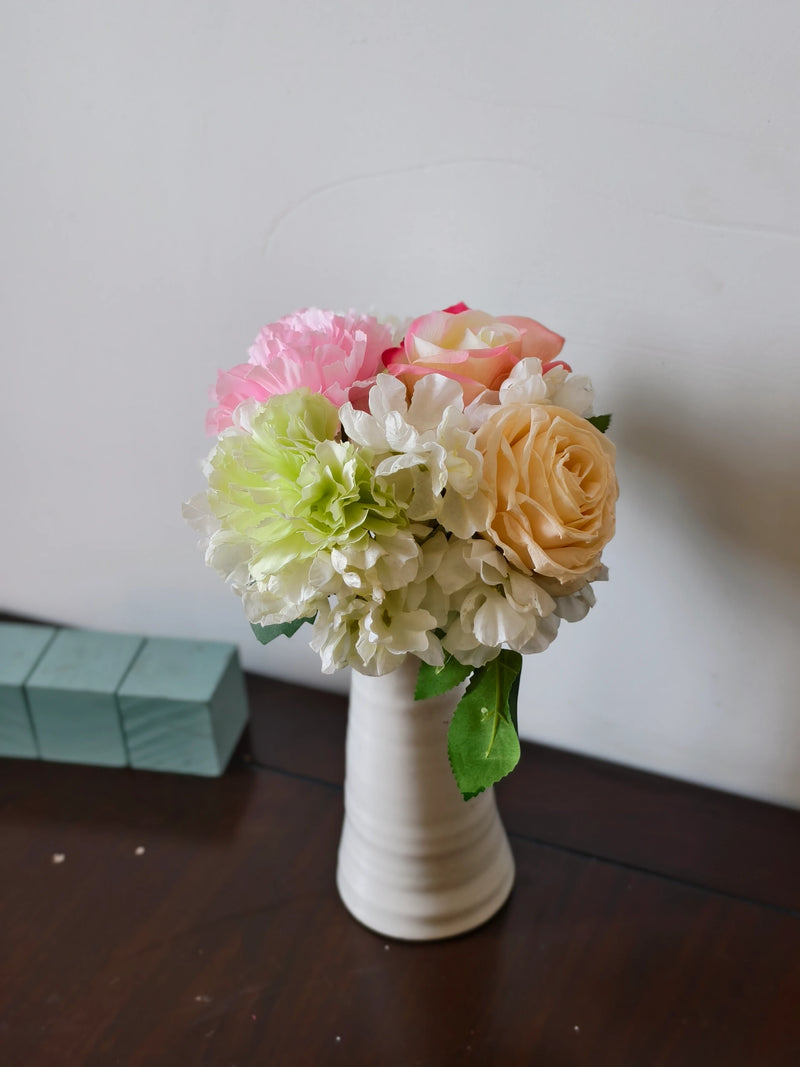 Artificial Rose, Carnation & Burnt-Edge Hydrangea Bouquet, 5 Faux Silk Blooms, Bendable Stems, Wedding & Home Decor