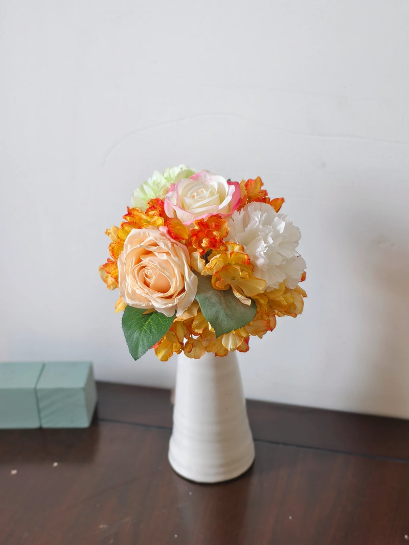 Artificial Rose, Carnation & Burnt-Edge Hydrangea Bouquet, 5 Faux Silk Blooms, Bendable Stems, Wedding & Home Decor