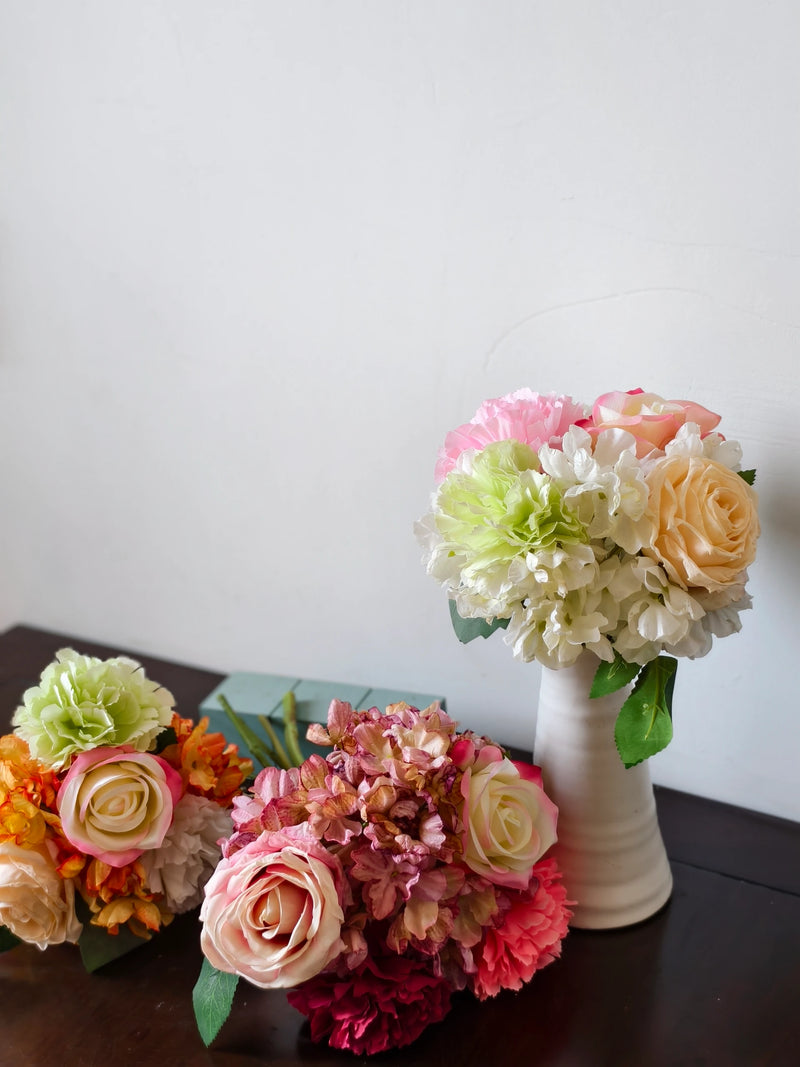 Artificial Rose, Carnation & Burnt-Edge Hydrangea Bouquet, 5 Faux Silk Blooms, Bendable Stems, Wedding & Home Decor