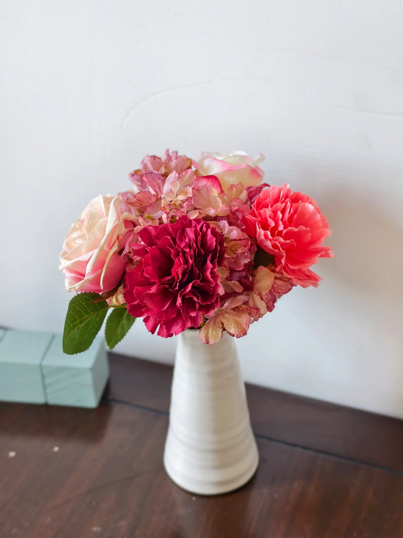 Artificial Rose, Carnation & Burnt-Edge Hydrangea Bouquet, 5 Faux Silk Blooms, Bendable Stems, Wedding & Home Decor