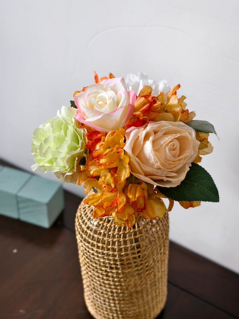 Artificial Rose, Carnation & Burnt-Edge Hydrangea Bouquet, 5 Faux Silk Blooms, Bendable Stems, Wedding & Home Decor