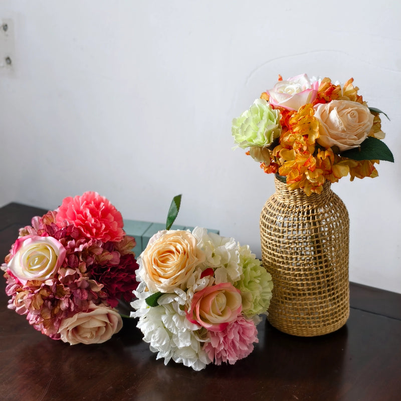 Artificial Rose, Carnation & Burnt-Edge Hydrangea Bouquet, 5 Faux Silk Blooms, Bendable Stems, Wedding & Home Decor