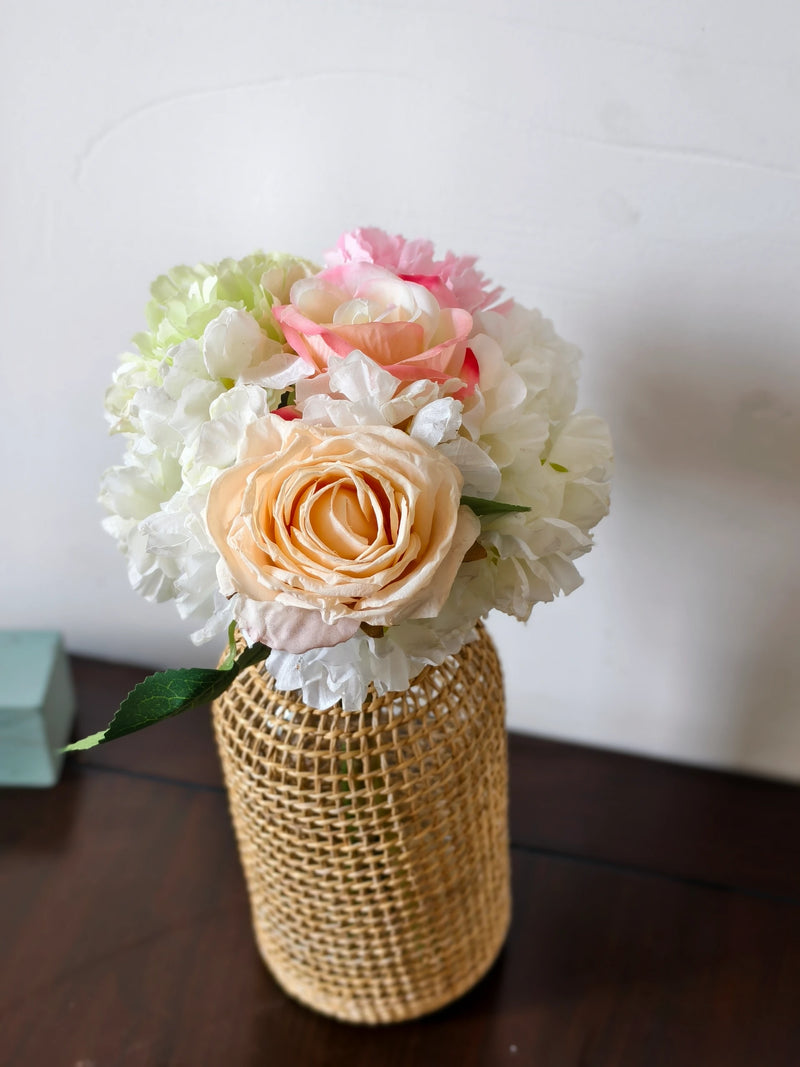 Artificial Rose, Carnation & Burnt-Edge Hydrangea Bouquet, 5 Faux Silk Blooms, Bendable Stems, Wedding & Home Decor