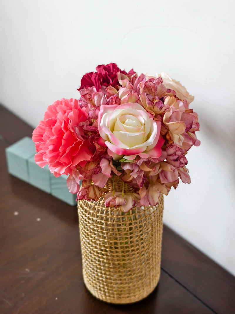Artificial Rose, Carnation & Burnt-Edge Hydrangea Bouquet, 5 Faux Silk Blooms, Bendable Stems, Wedding & Home Decor