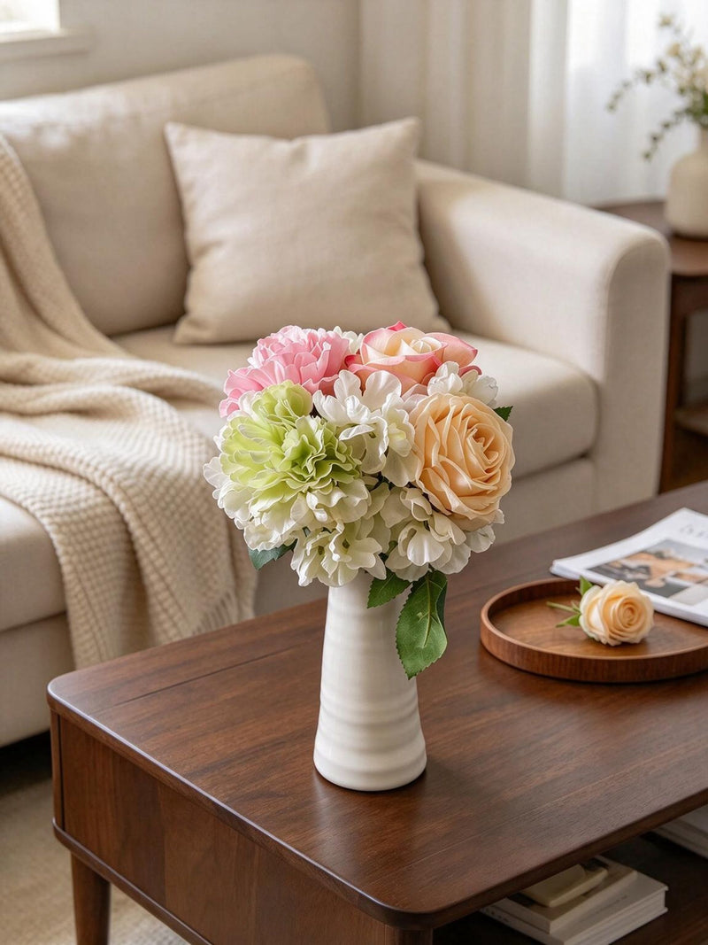Artificial Rose, Carnation & Burnt-Edge Hydrangea Bouquet, 5 Faux Silk Blooms, Bendable Stems, Wedding & Home Decor